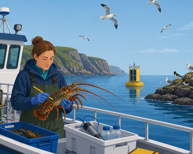 An illustration with a female marine scientists on a boat at sea, holding crayfish with a marine data buoy on the background