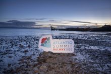 Atlantic Summit branded sign prop on the background of the Blackrock diving tower in Galway 