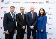 L to R: Rick Officer, CEO Marine Institute, Dr Brendan Jennings, ATU Chief Officer Research, Innovation and Engagement, Timmy Dooley T.D., Minister of State at the Department of Agriculture, Food, Fisheries and the Marine, and Professor Laoise McNamara, Vice-President Research and Innovation at University of Galway at the opening of the Atlantic Summit Galway 2026. Photo: Andrew Downes, xposure.