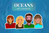 An illustration with male and female scientists with the oceans of careers wording ont he background